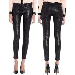 J Brand Leggings Size 25 Shinny Black Boa Snake Print Coated Skinny Jeans